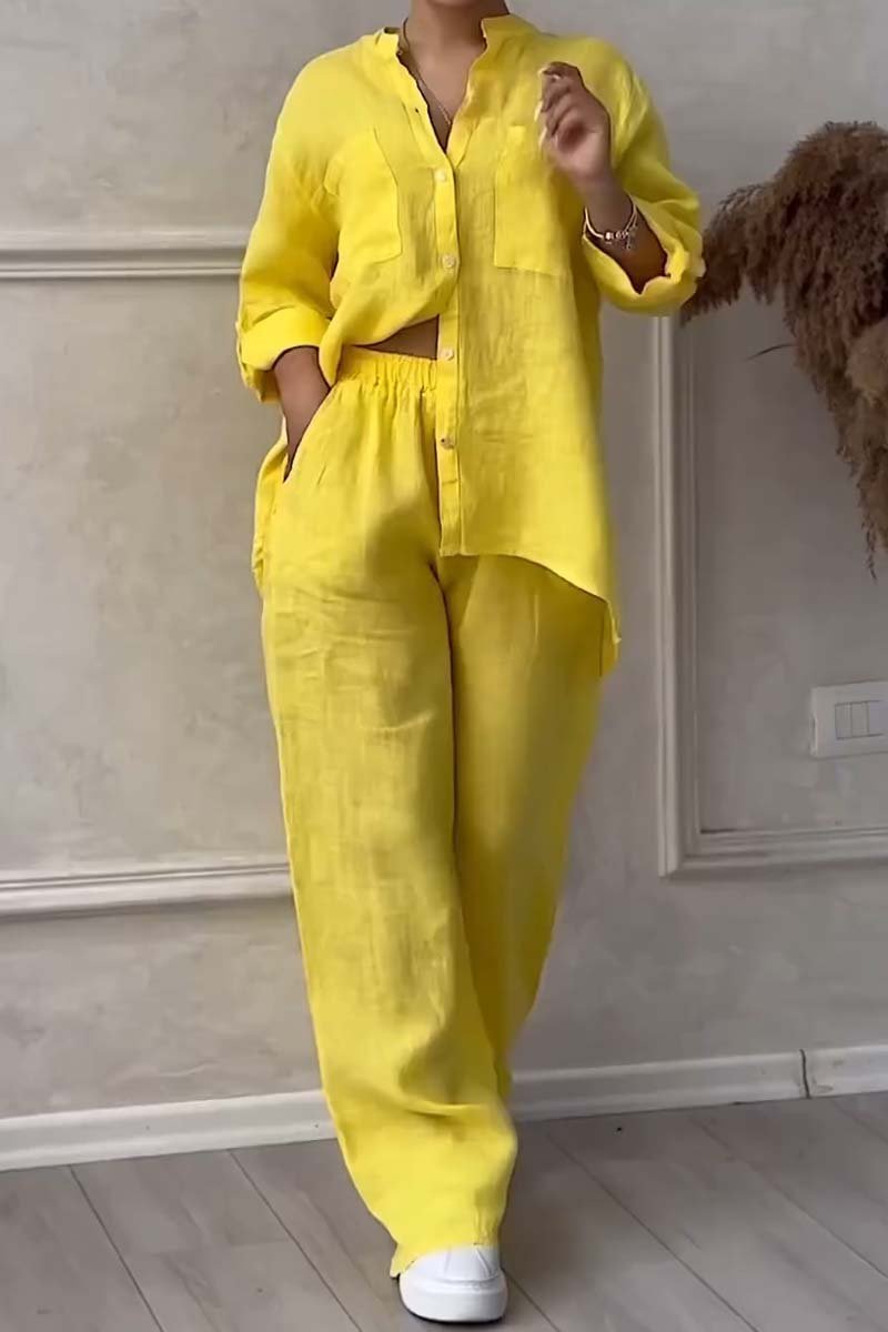 Casual solid color cotton and linen pants two-piece set - Samberule
