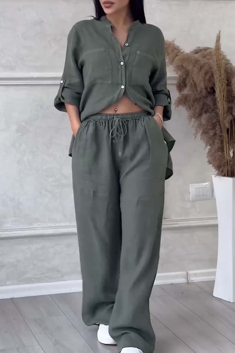 Casual solid color cotton and linen pants two-piece set - Samberule