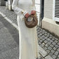 Elegant Trumpet Sleeves Rolled Hem Knitted Round Neck Maxi Dress