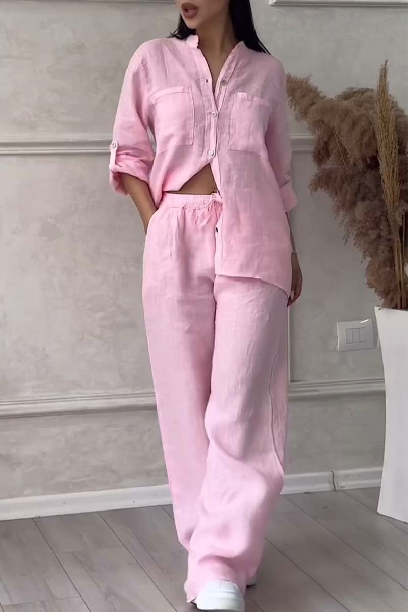 Casual solid color cotton and linen pants two-piece set - Samberule