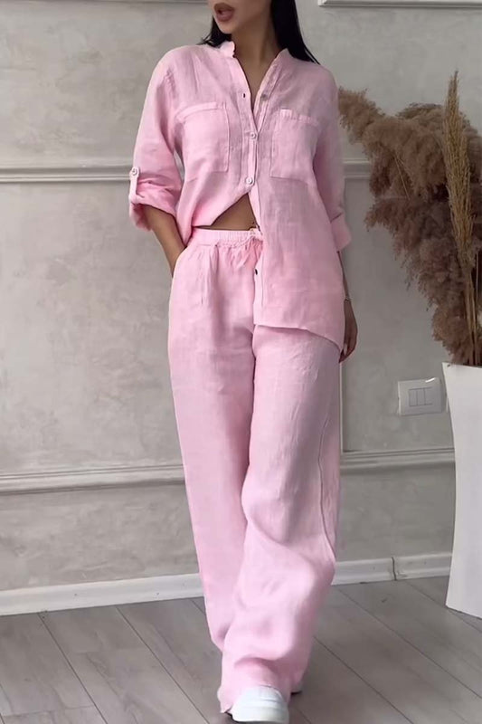 Casual solid color cotton and linen pants two-piece set - Samberule
