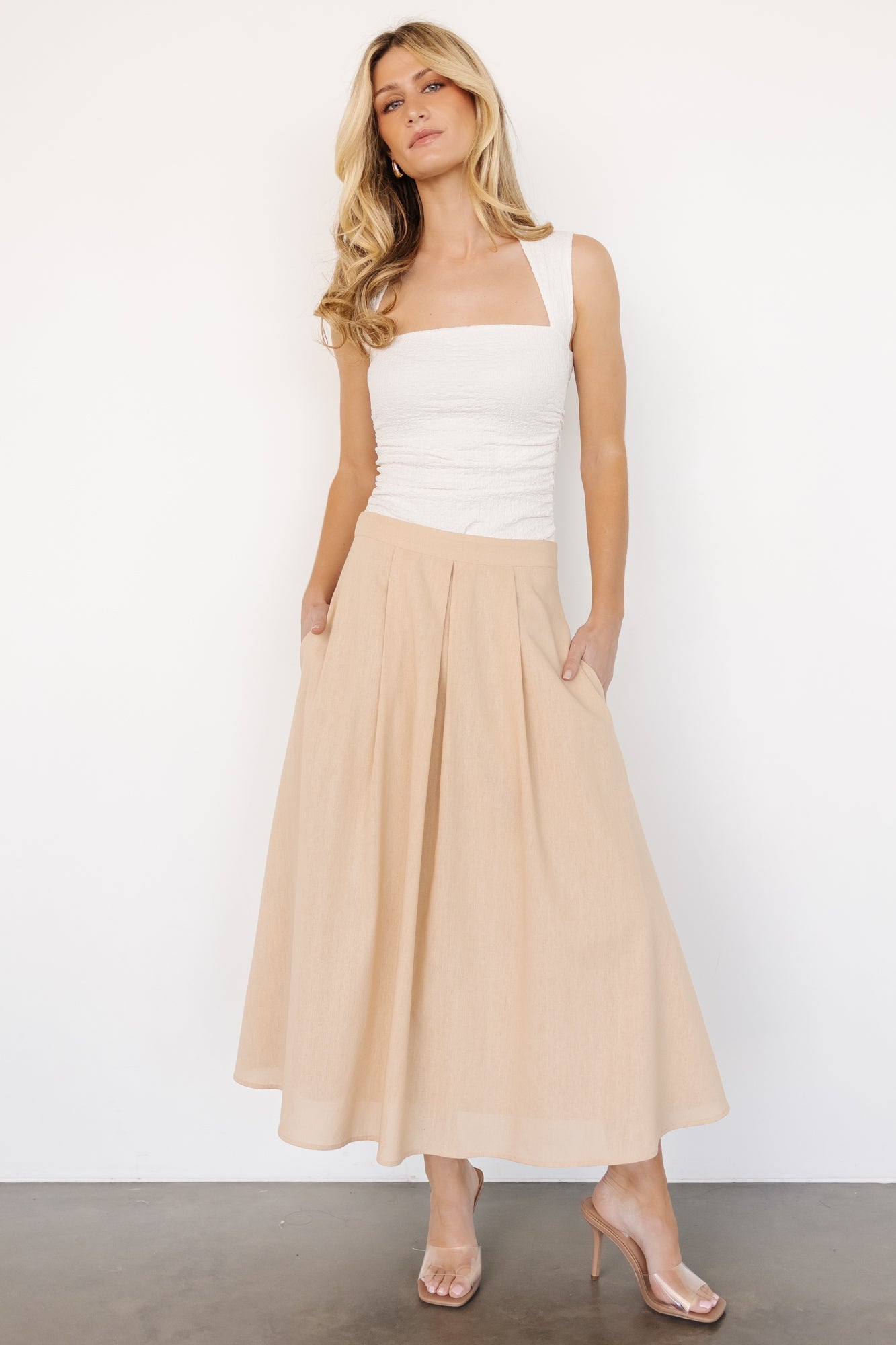 Katie Pleated Midi Skirt | Natural