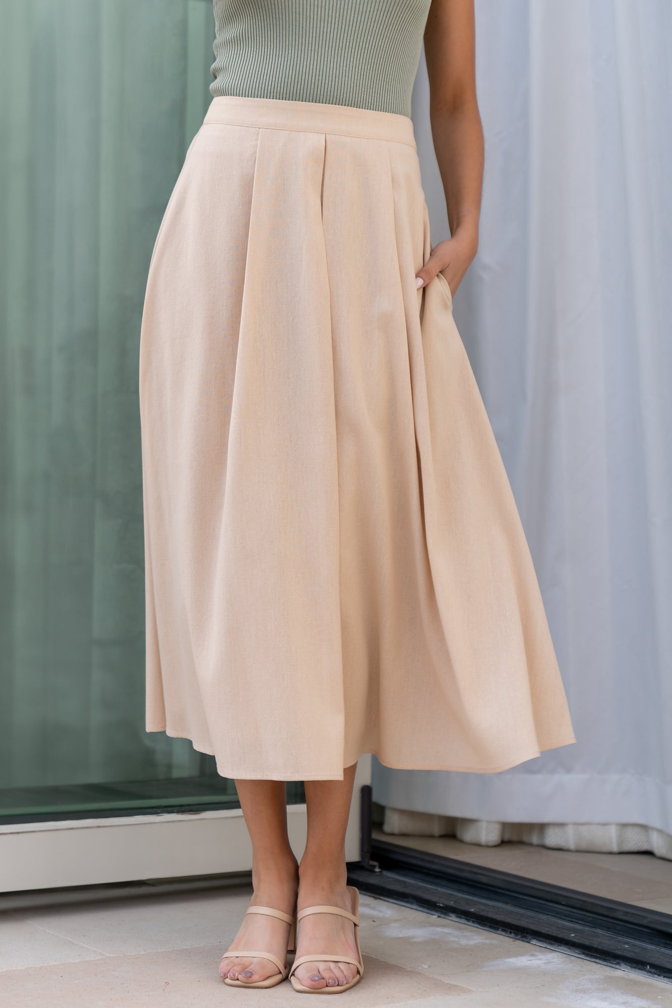 Katie Pleated Midi Skirt | Natural