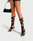 BRIANNE Square Head Rhinestone Lace-Up Knee High Heels