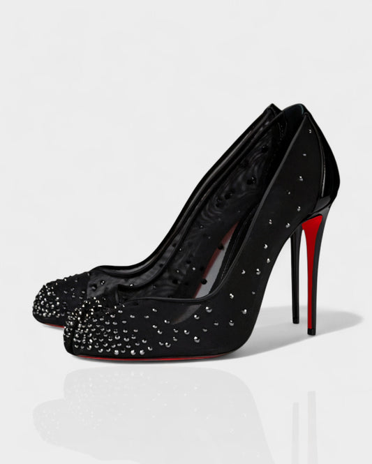 AURIEL Embellished Red Sole Mesh Stiletto Heels