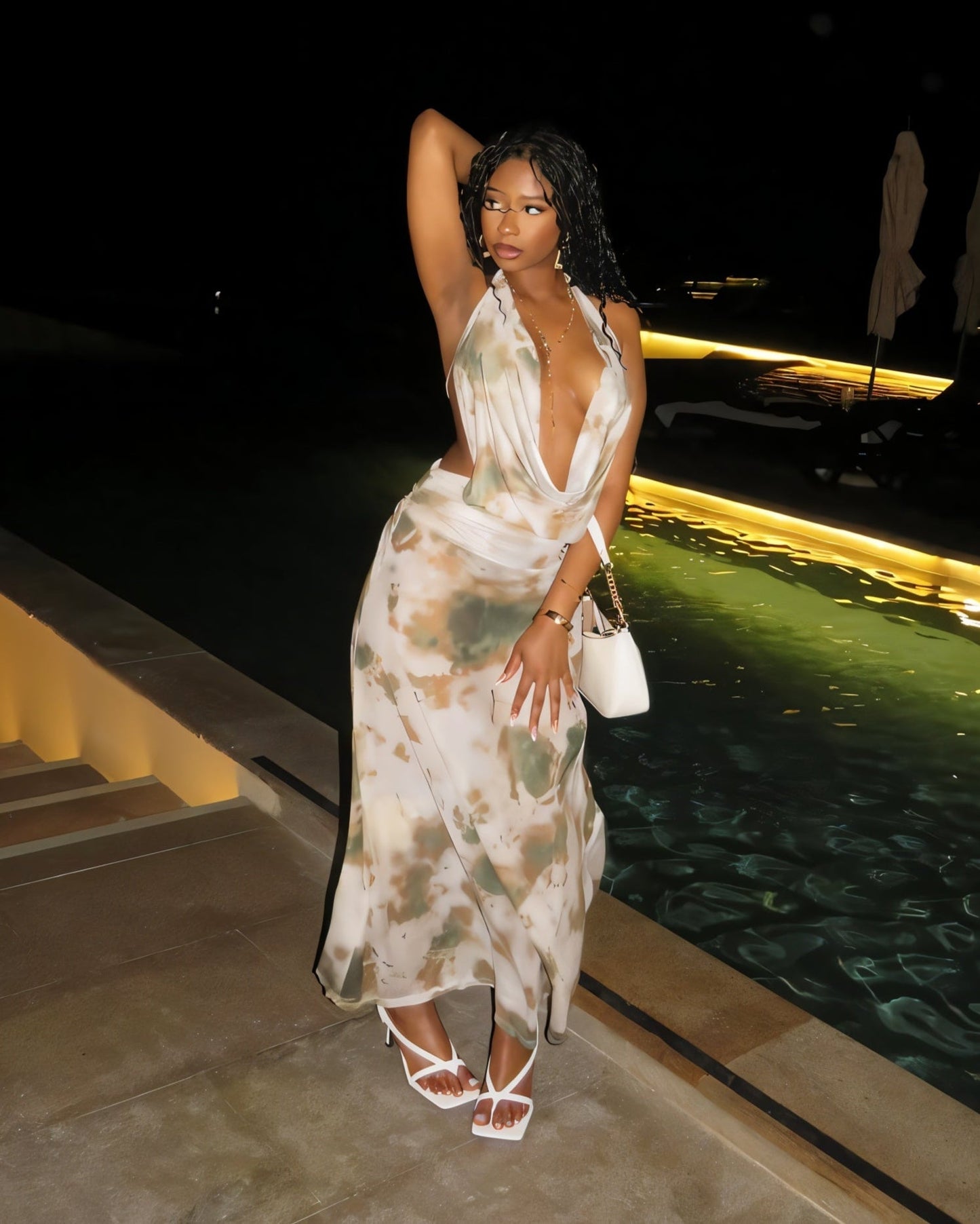 NOEMI Abstract Print Cowl Halter Top & Maxi Skirt Set