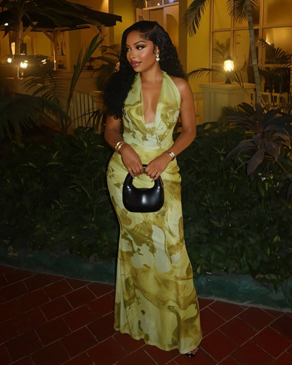 NUVIA Abstract Print Halter Maxi Dress