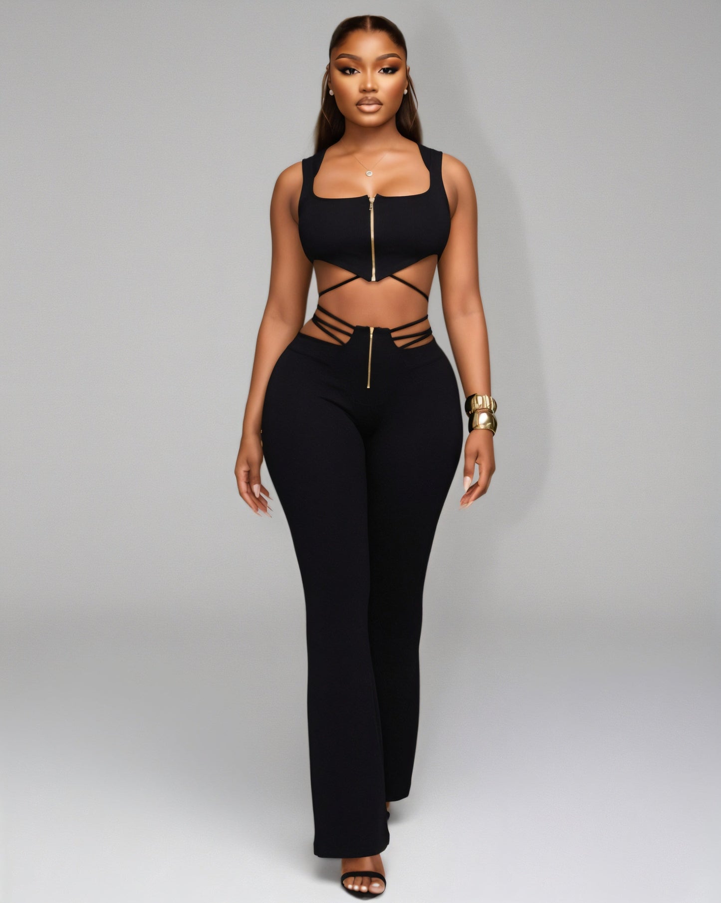 YUNA Ribbed Zip-up Top & Strappy Cutout Pants Set