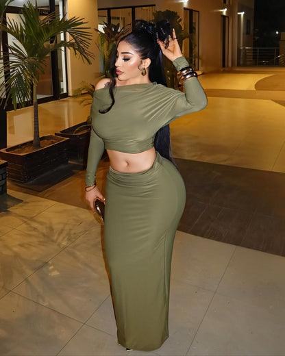 LUCINA Sleeve Oblique Top & Maxi Skirt Set