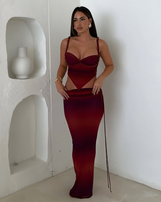 AMAVIA Sculpted Twist Top & Wine-Hued Skirt Set