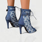 REIKO Buckled Ankle Strap Lace-Up Denim Boots