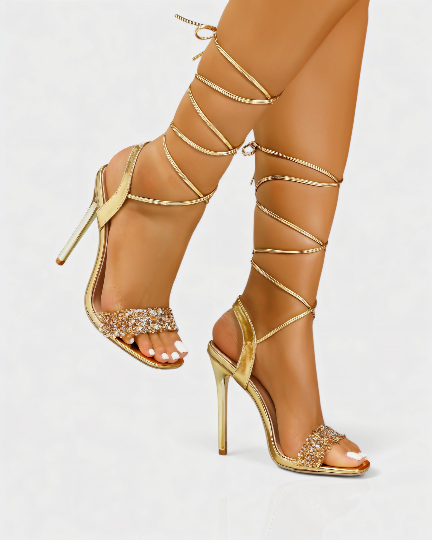 RONA Gold Crystal Lace-Up Stiletto Heels