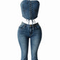 ISSA Laced Denim Corset Top & Capri Pants Set