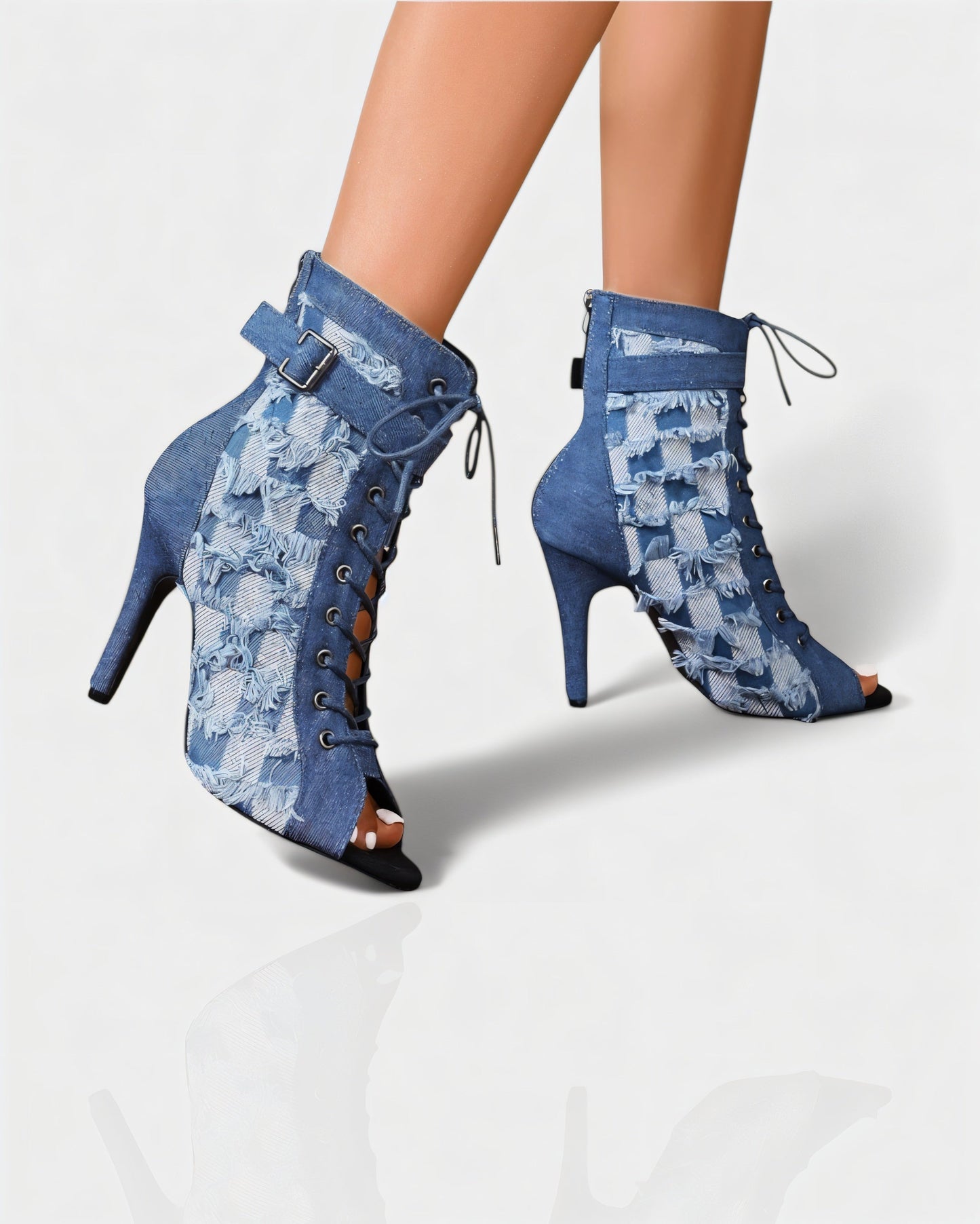 REIKO Buckled Ankle Strap Lace-Up Denim Boots