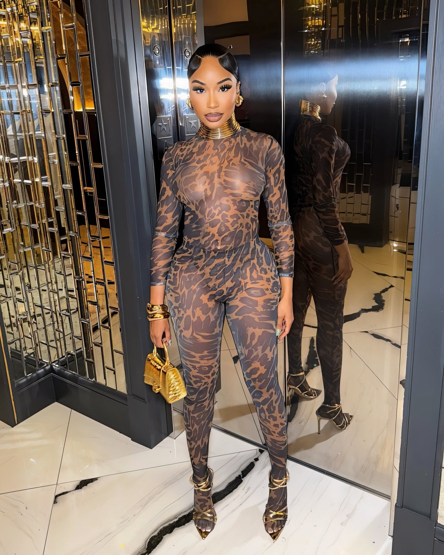 STACIA Leopard Print Long Sleeve Bodysuit & Tights Set