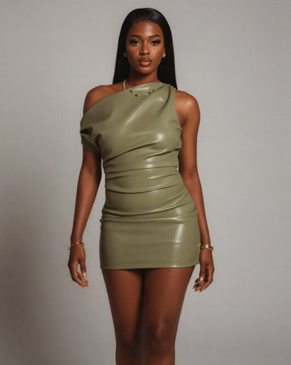 ORIELLE Faux Leather One-Shoulder Mini Dress