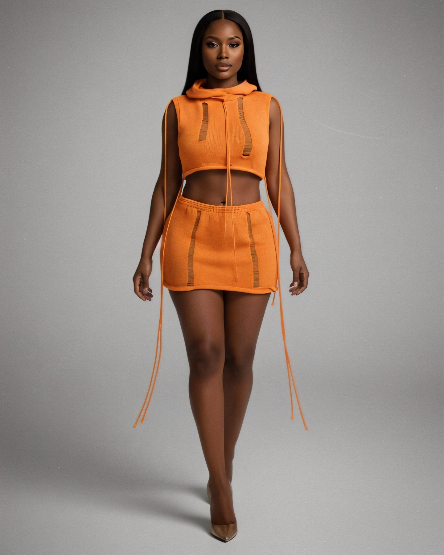 YESSA Knit Hooded Crop Top & Lace-Up Mini Skirt Set