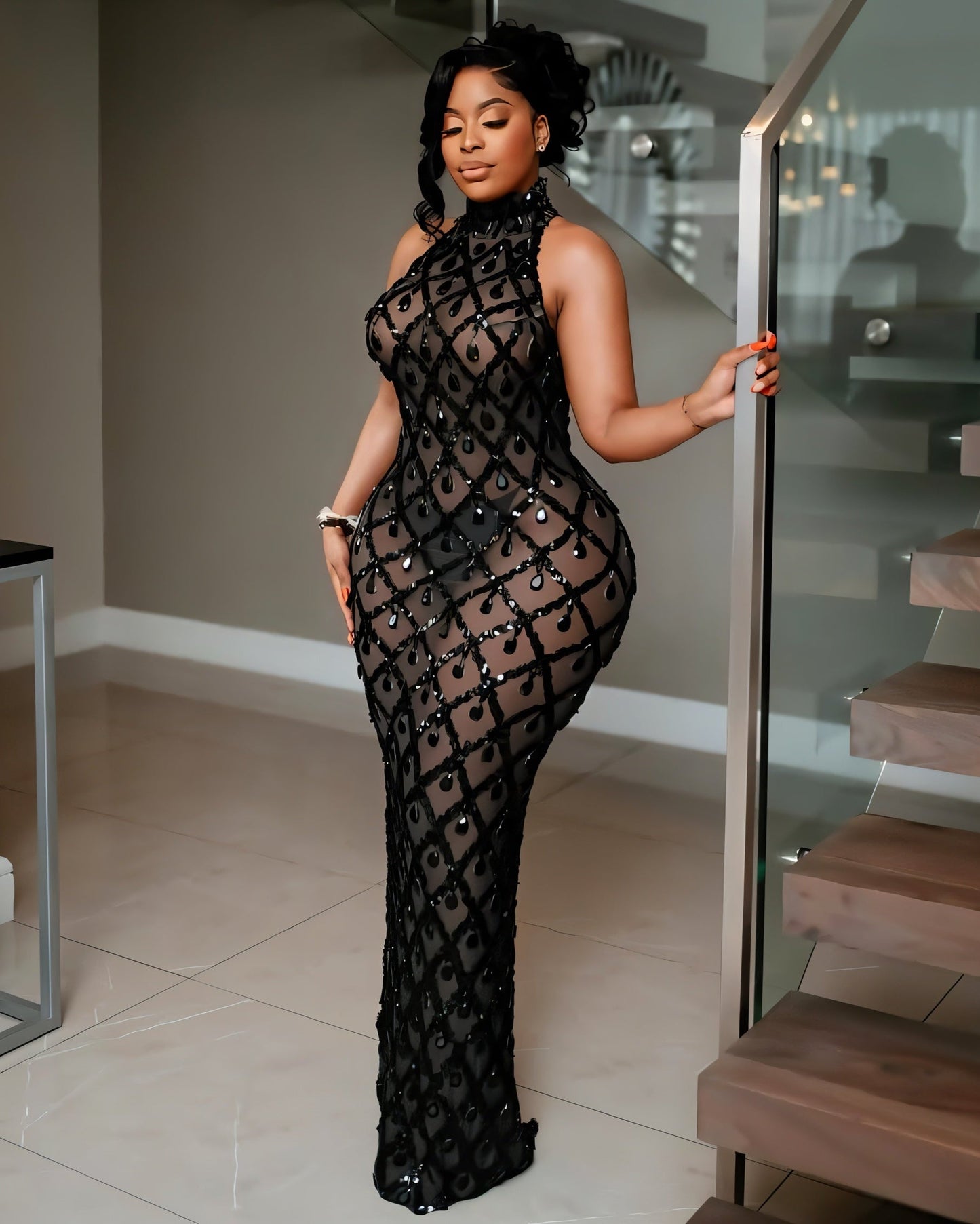 HOPE High Neck Tear Drop Rhinestone Maxi Dress