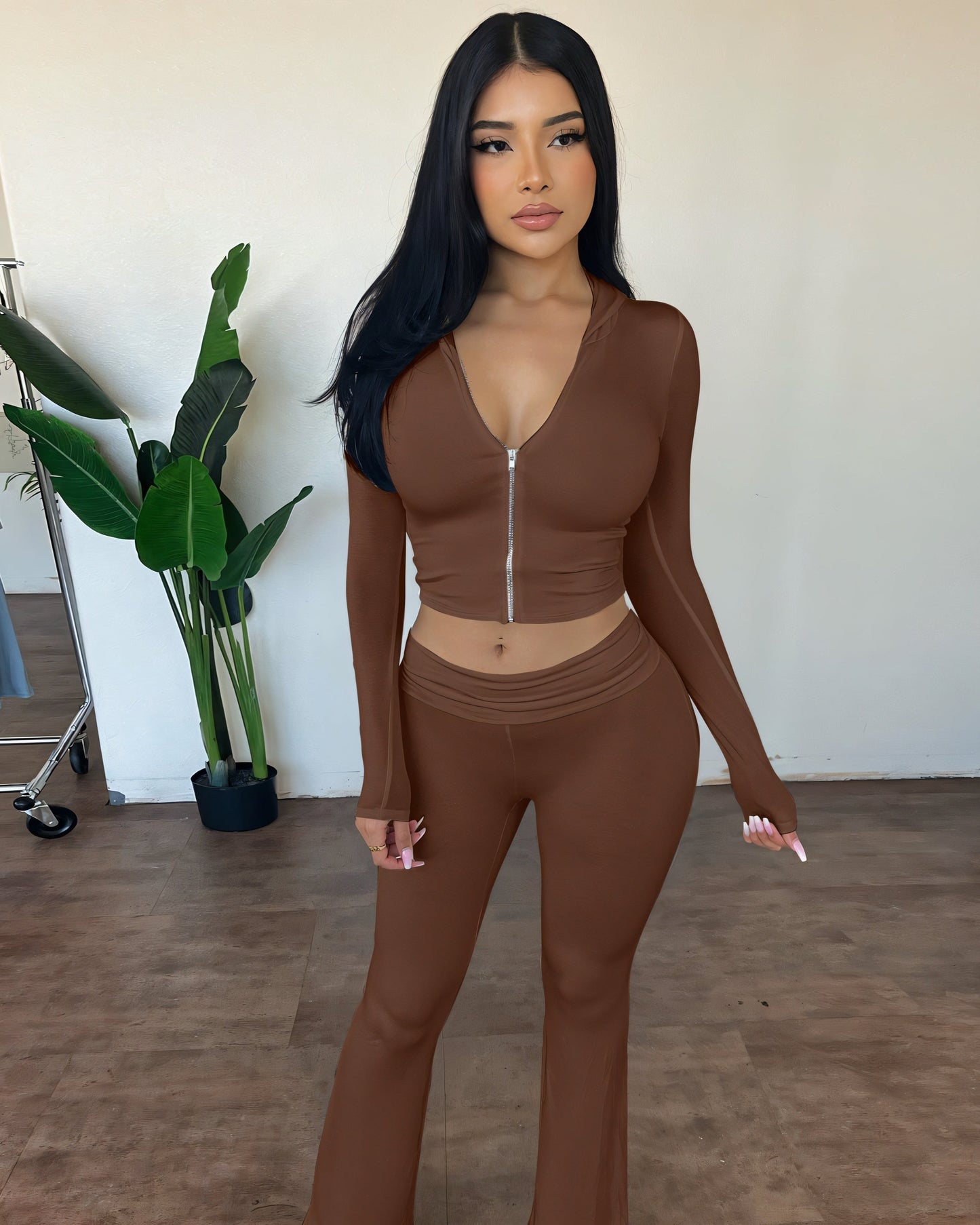 RAINY Zip-Up Hoodie and Flare Pants Set