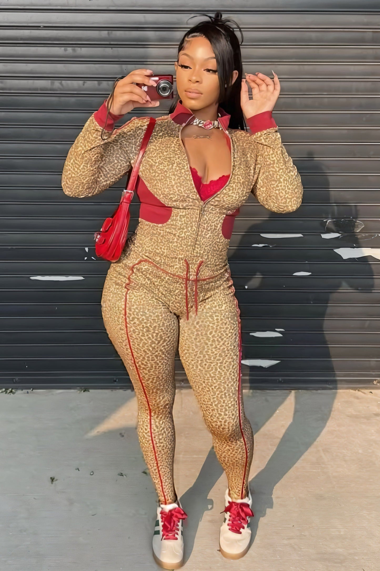 DERMA Leopard Print Zip-up Top & Leggings Set