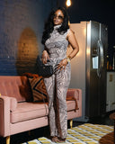 SEVERINE Swirl Print Mock Neck Crop Top & Flared Pants Set