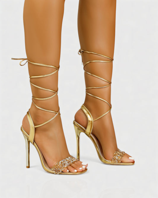 RONA Gold Crystal Lace-Up Stiletto Heels