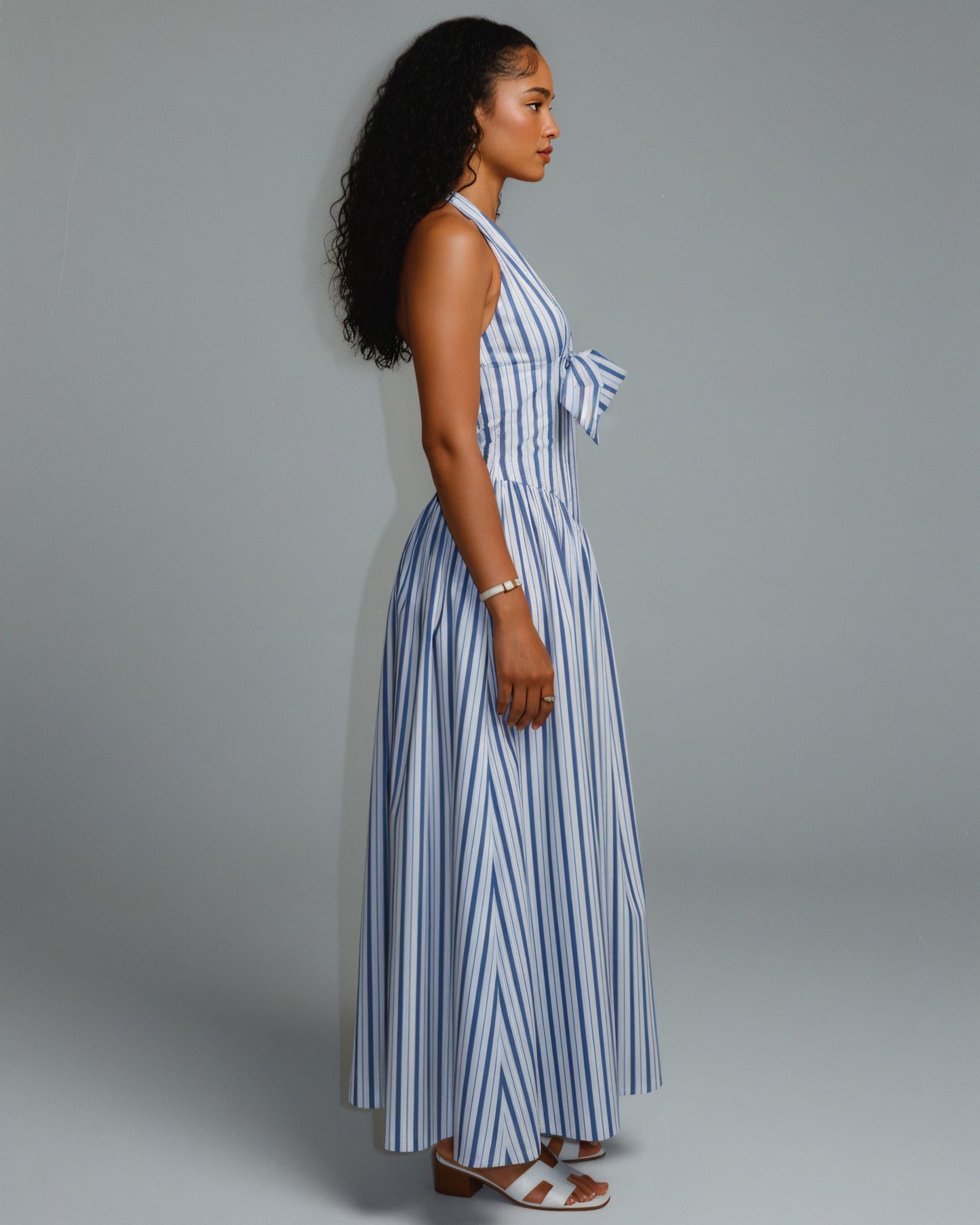 FENICIA Striped Halter Midi Dress