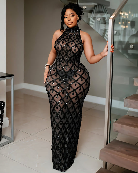 HOPE High Neck Tear Drop Rhinestone Maxi Dress