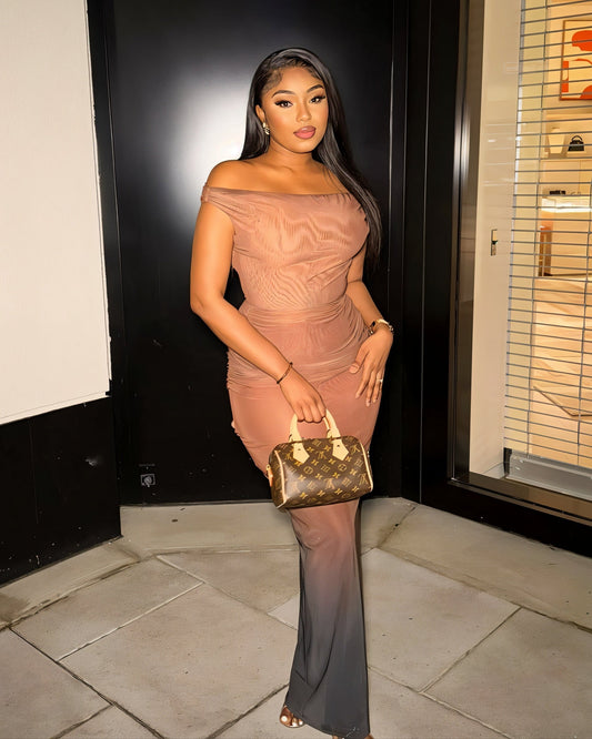 DELMA Mesh Ruched Off-Shoulder Maxi Dress