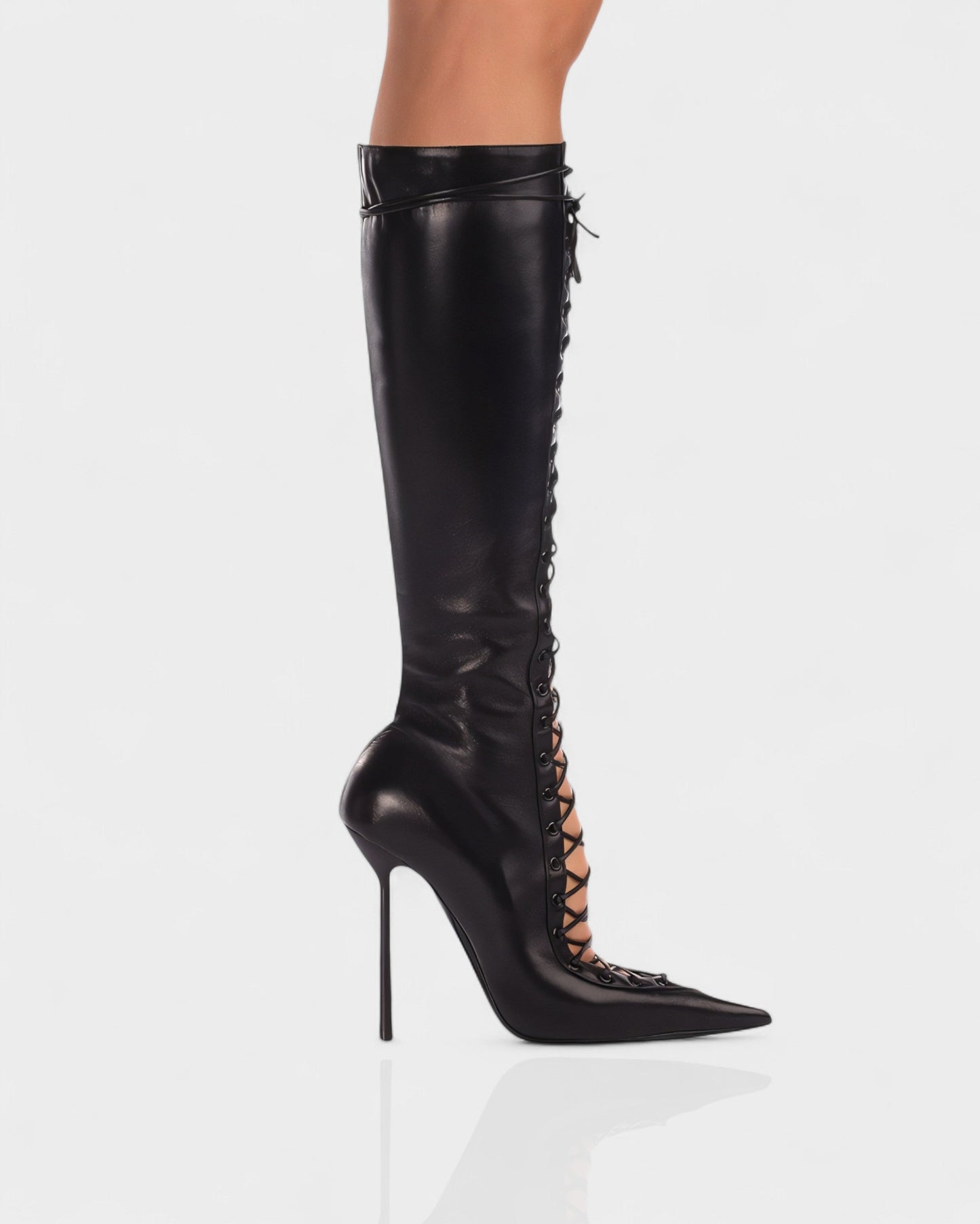 ESCAS Lace-Up Mesh Knee-High Stiletto Boots