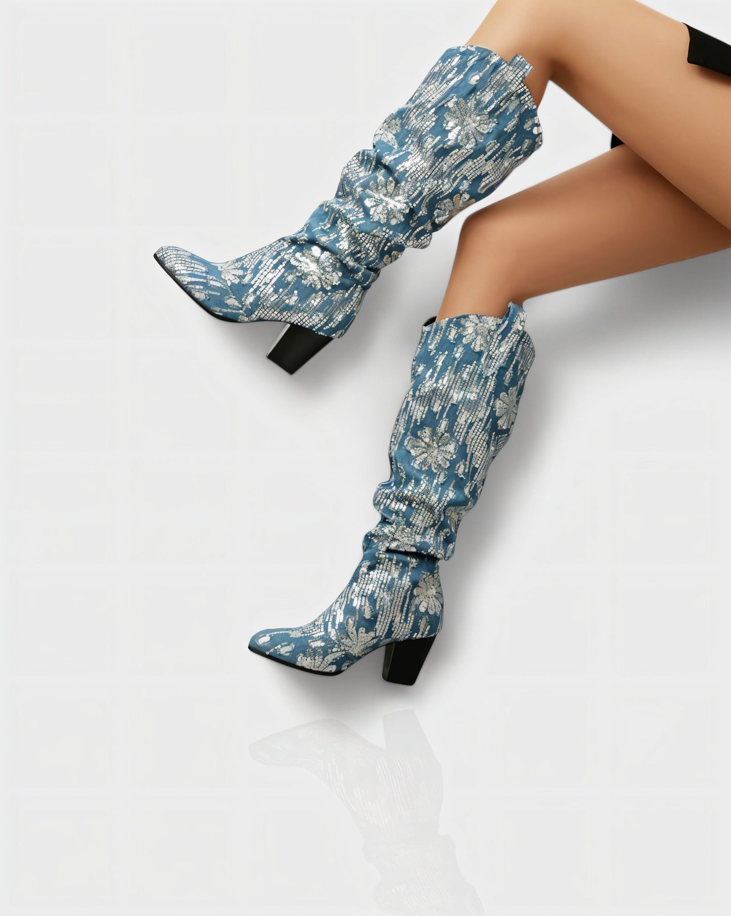 DIANNE Sequin Floral Denim Cowboy Boots