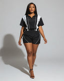 LOIRA Contrast Sporty Zip-up Top & Shorts Set