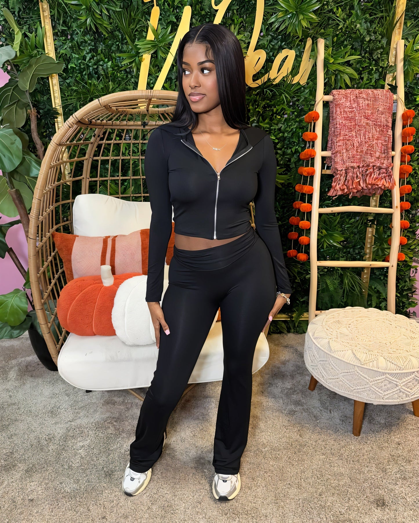 RAINY Zip-Up Hoodie and Flare Pants Set