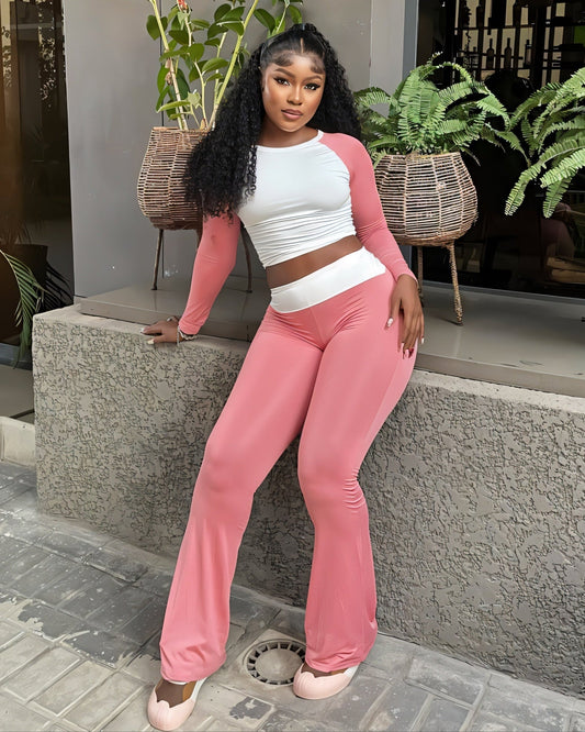EMELIA Contrast Long Sleeve Top & Flare Pants Set