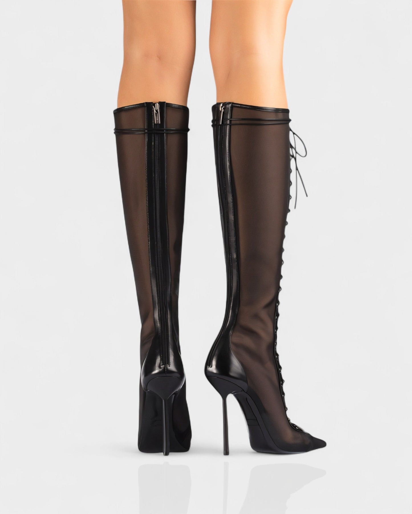 ESCAS Lace-Up Mesh Knee-High Stiletto Boots