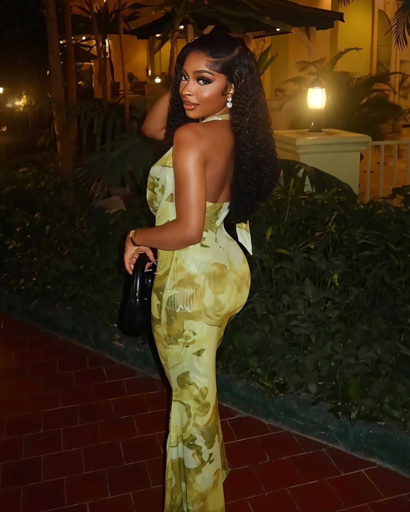 NUVIA Abstract Print Halter Maxi Dress