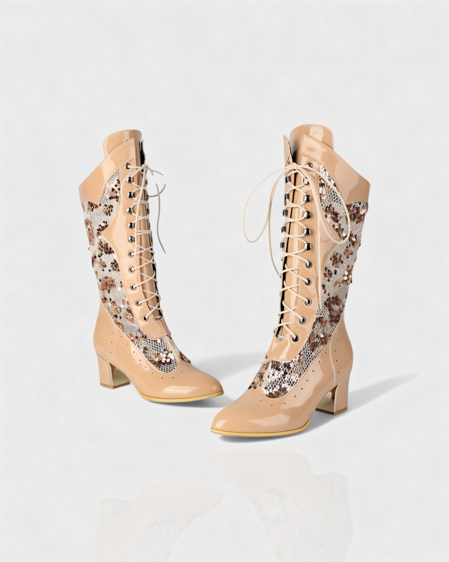 AROLA Lace-Up Embroidered Mid-Calf Boots