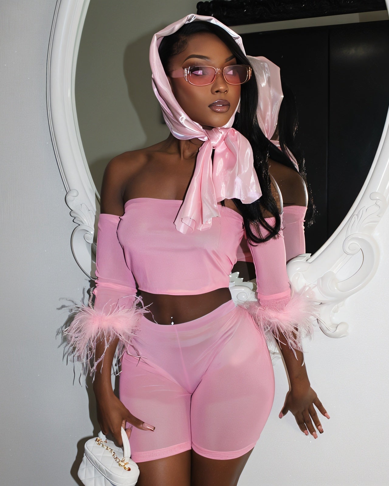 RAMIRA Faux Feather Trim Mesh Top & Shorts Set