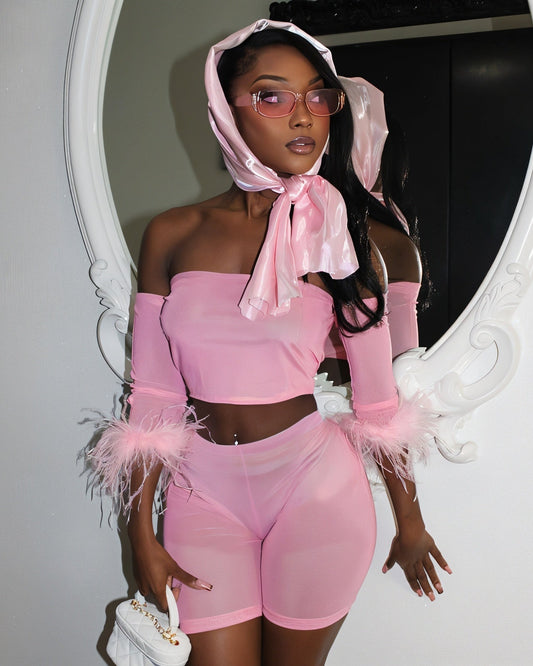 RAMIRA Faux Feather Trim Mesh Top & Shorts Set