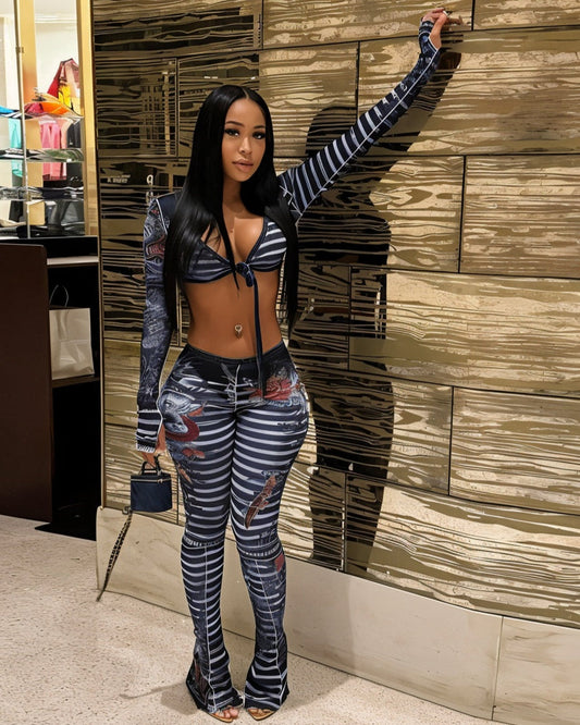 LAILA Mesh Striped Print Long Sleeve Top and Pants Set