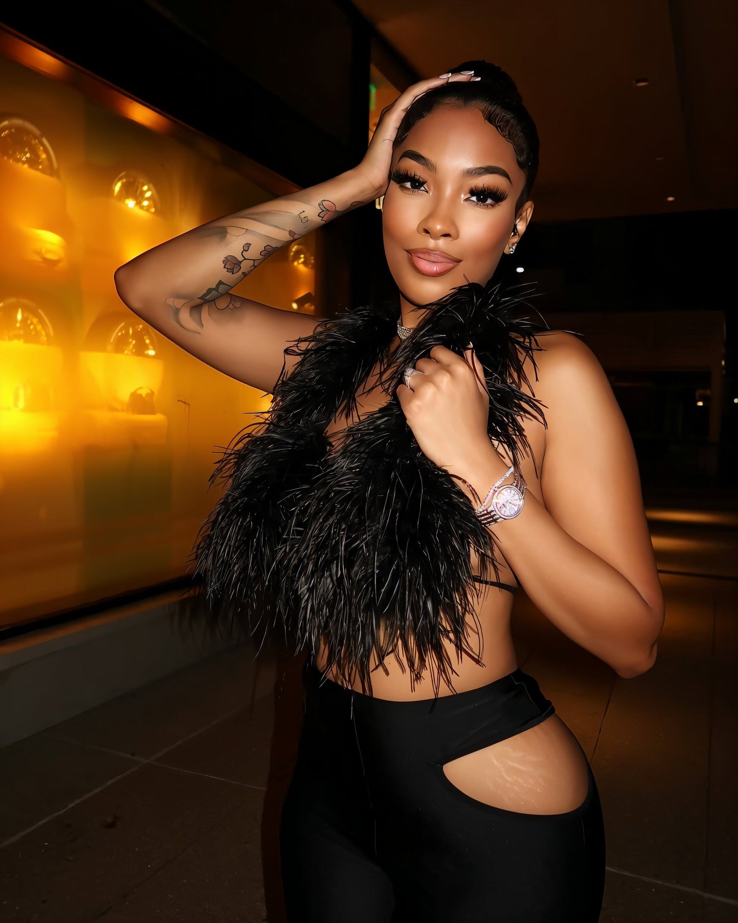 KAYLIS Halter Faux Feather Backless Top & Capri Pants Set