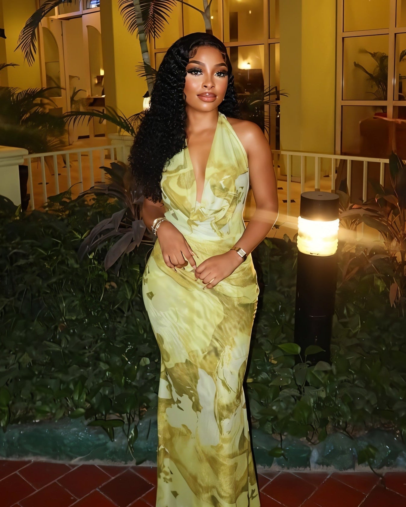 NUVIA Abstract Print Halter Maxi Dress