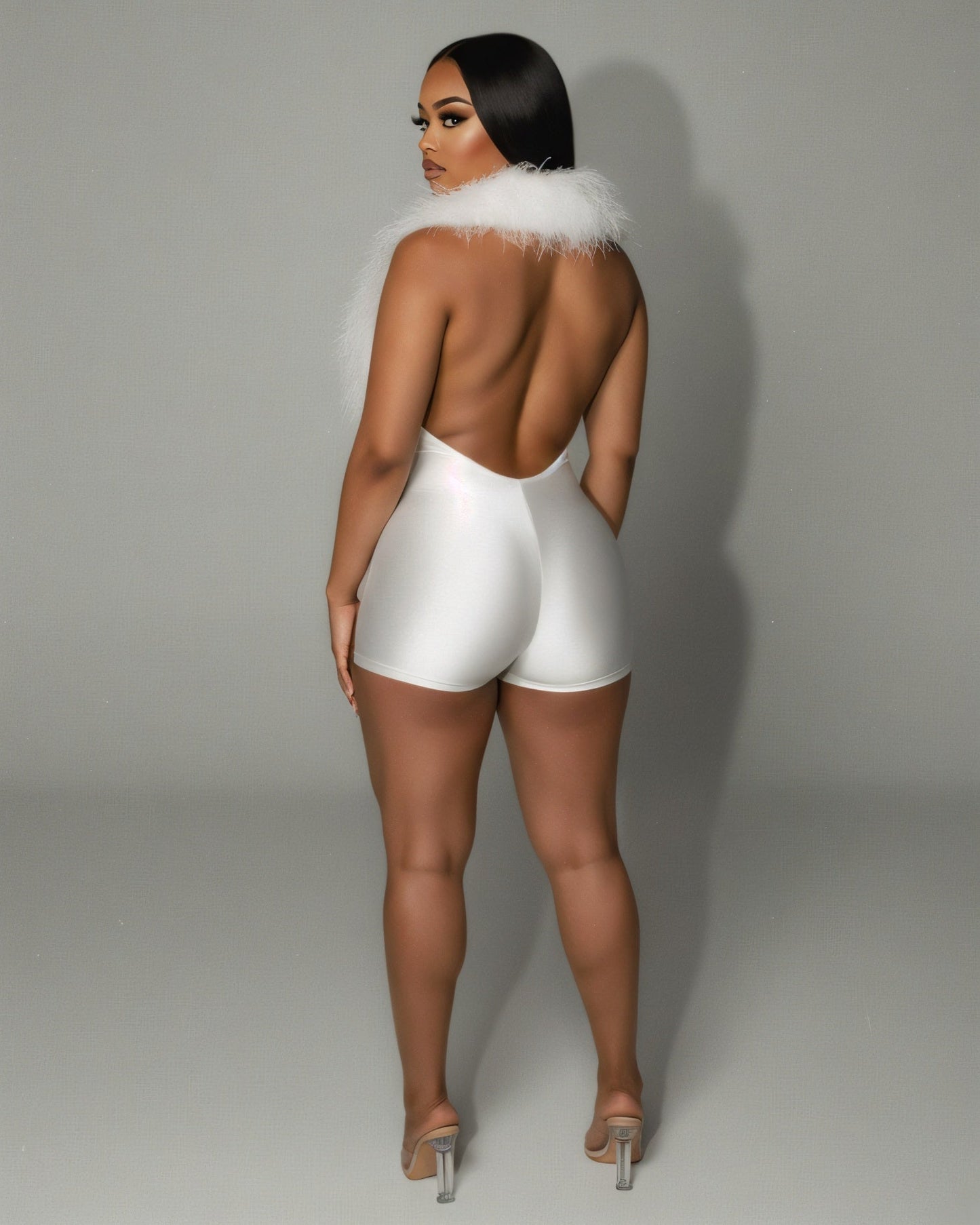 LANNY Deep V Neck Faux Feather Satin Romper