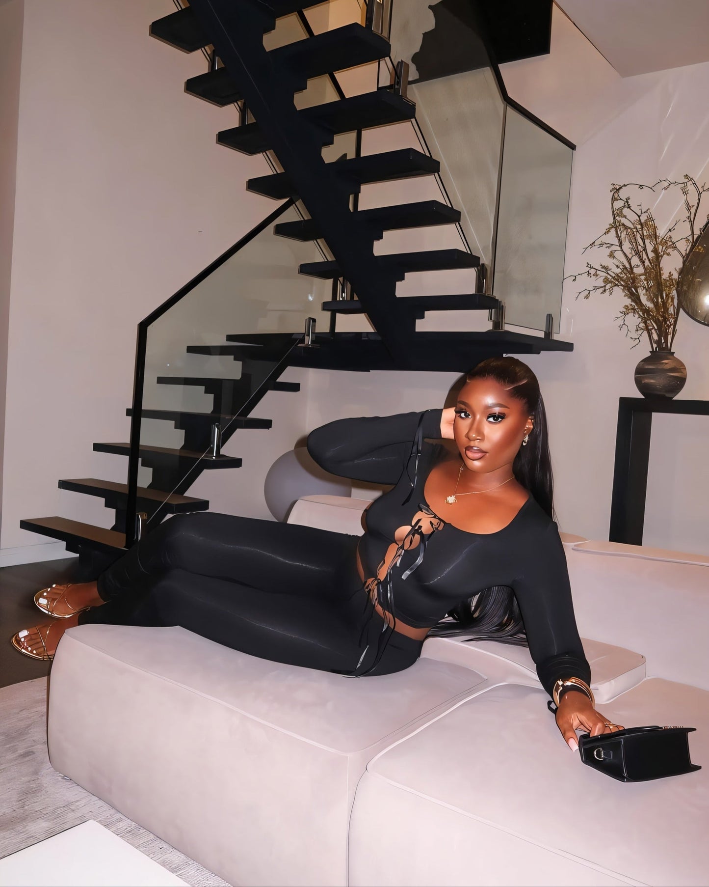 HYACINTH Lace-Up Front Fitted Top & Leggings Set