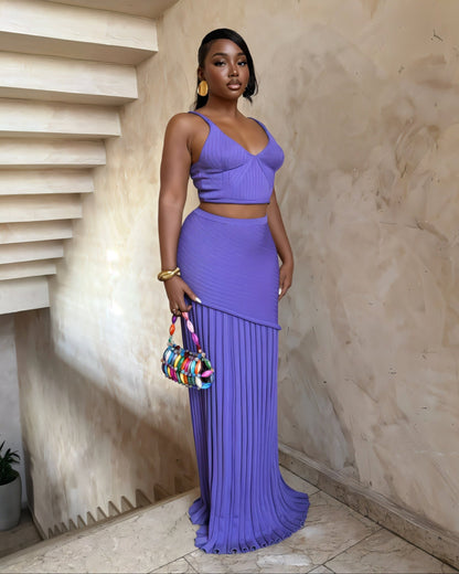 VESPERA Ribbed Knit Crop Top & Pleated Maxi Skirt Set