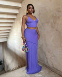 VESPERA Ribbed Knit Crop Top & Pleated Maxi Skirt Set