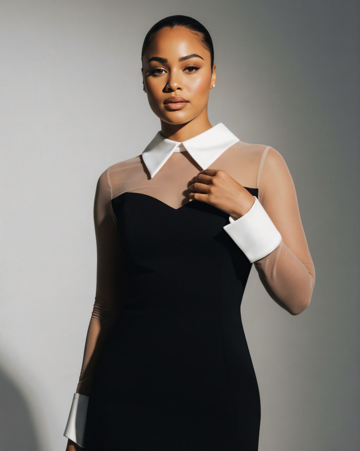 ALIRA Contrast Mesh-Collar Mini Dress