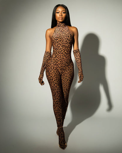 ISALINE Leopard Print High Neck Jumpsuit & Gloves Set