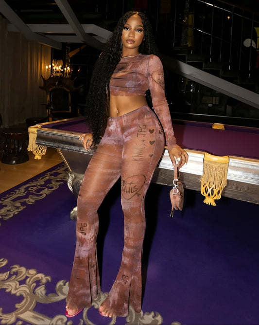 EVARINE Graffiti Print Mesh Long Sleeve Top & Flare Pants Set