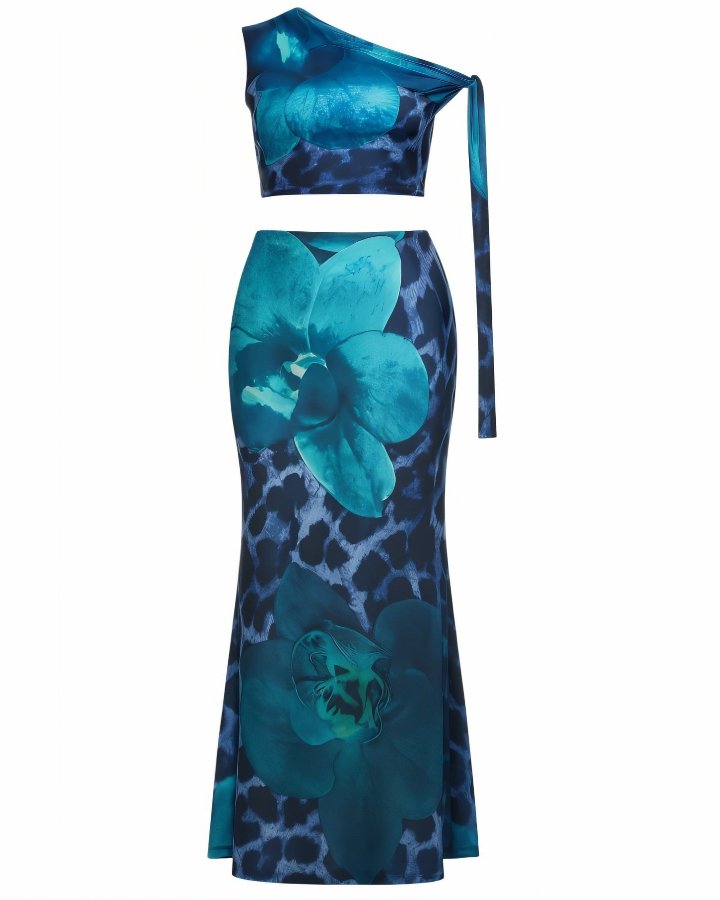 VIONETTE One-Shoulder Floral Leopard Print Top & Maxi Skirt Set